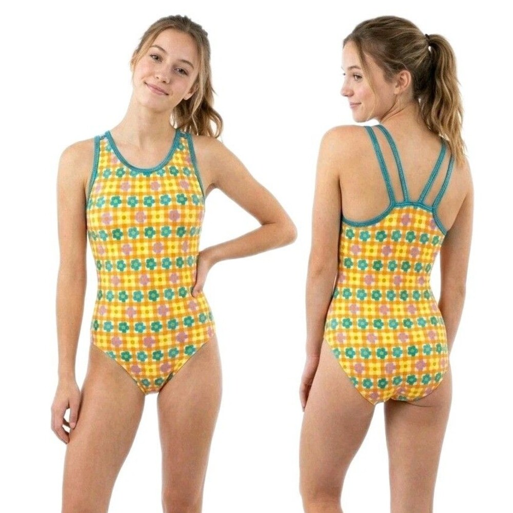 GK Elite VTG 90s Happy Summer Day Plaid Cami Leotard Sparkle Strappy Size AXS